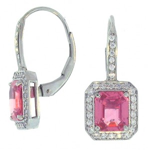 Emerald cut fine pink sapphire drop earrings
