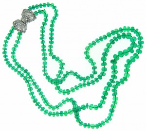 Fine double emerald bead necklace with diamond clasp
