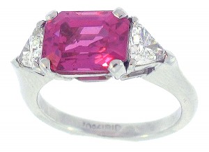 Fine natural emerald cut pink sapphire & diamond ring
